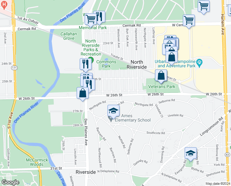 map of restaurants, bars, coffee shops, grocery stores, and more near 90 Northgate Road in Riverside