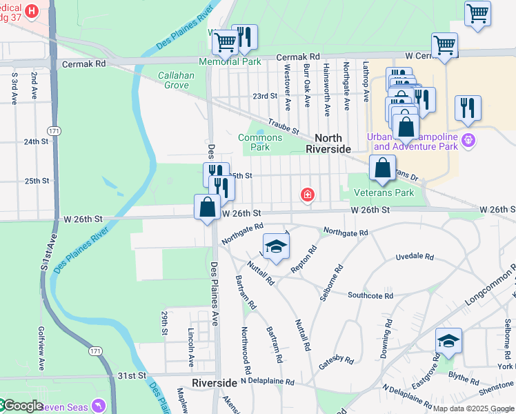 map of restaurants, bars, coffee shops, grocery stores, and more near 58 Northgate Road in Riverside
