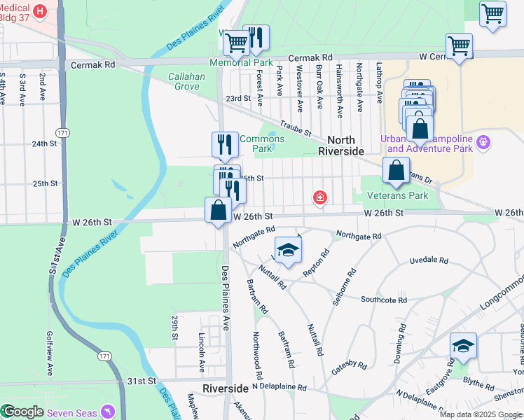 map of restaurants, bars, coffee shops, grocery stores, and more near 58 Northgate Road in Riverside