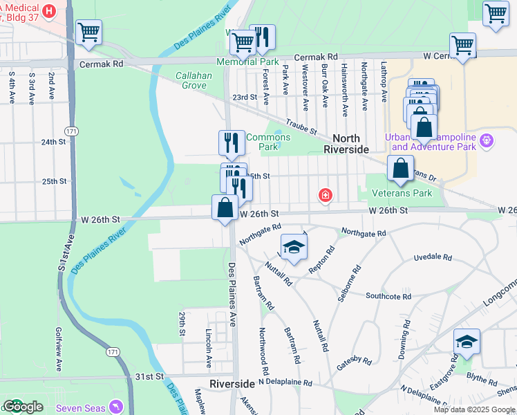 map of restaurants, bars, coffee shops, grocery stores, and more near 58 Northgate Road in Riverside