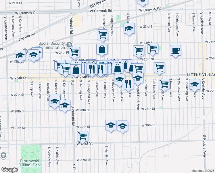map of restaurants, bars, coffee shops, grocery stores, and more near 2658 South Hamlin Avenue in Chicago