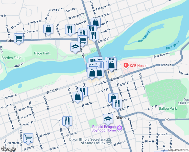 map of restaurants, bars, coffee shops, grocery stores, and more near 120 West River Street in Dixon