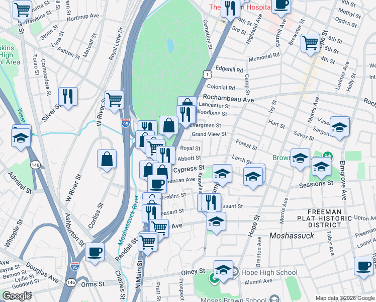 map of restaurants, bars, coffee shops, grocery stores, and more near 18 Grand View Street in Providence