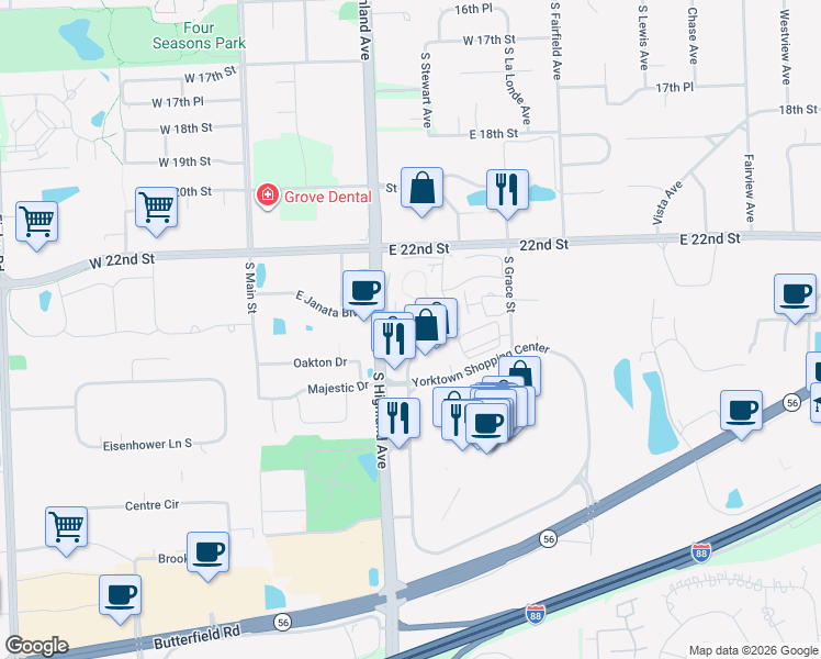 map of restaurants, bars, coffee shops, grocery stores, and more near 2233 South Highland Avenue in Lombard