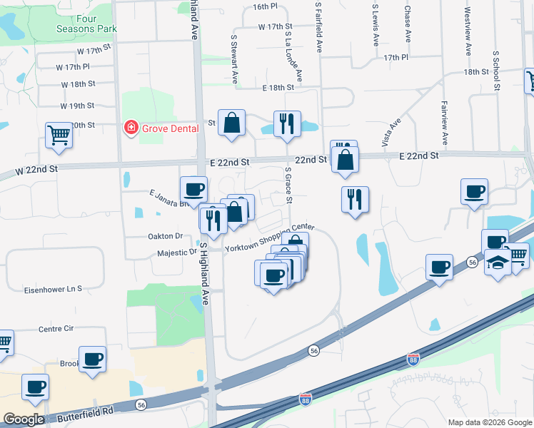 map of restaurants, bars, coffee shops, grocery stores, and more near 2250 South Grace Street in Lombard