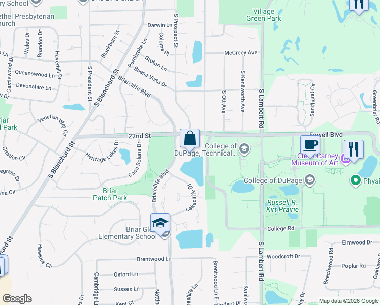 map of restaurants, bars, coffee shops, grocery stores, and more near 1750 22nd Street in Wheaton