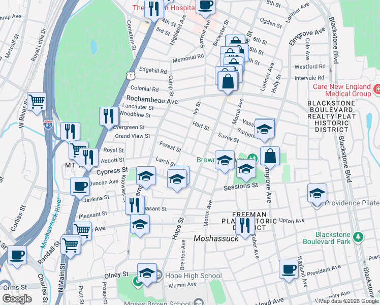 map of restaurants, bars, coffee shops, grocery stores, and more near 22 Elgin Street in Providence