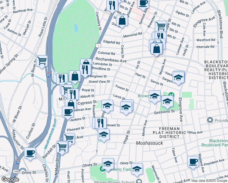 map of restaurants, bars, coffee shops, grocery stores, and more near 14 Forest Street in Providence