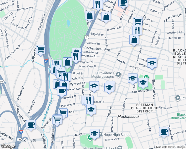 map of restaurants, bars, coffee shops, grocery stores, and more near 27 Peach Avenue in Providence