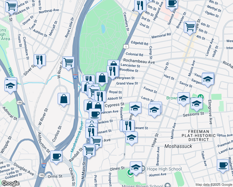 map of restaurants, bars, coffee shops, grocery stores, and more near 18 Grand View Street in Providence