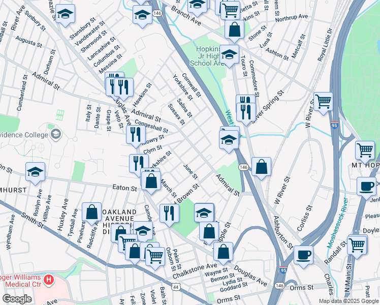 map of restaurants, bars, coffee shops, grocery stores, and more near in Providence