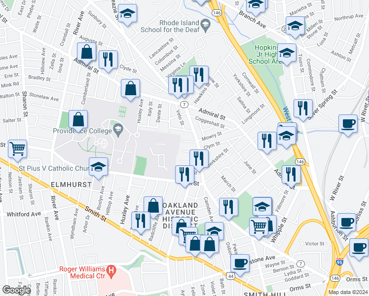 map of restaurants, bars, coffee shops, grocery stores, and more near 20 Mowry Street in Providence