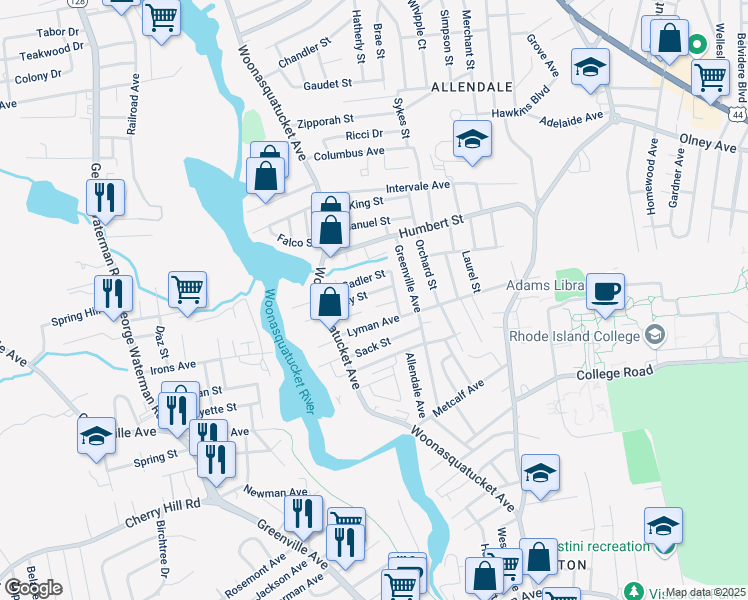 map of restaurants, bars, coffee shops, grocery stores, and more near 4 Sadler Street in North Providence