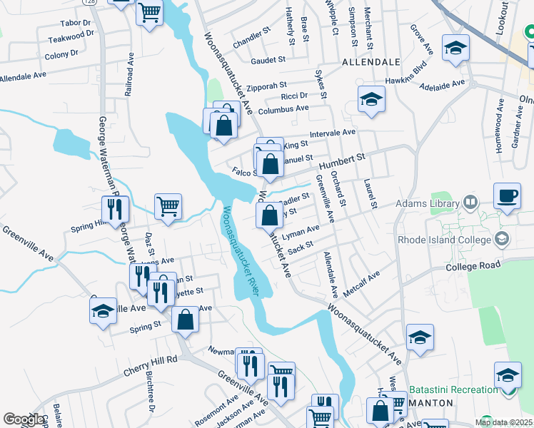 map of restaurants, bars, coffee shops, grocery stores, and more near 11 Elmo Street in North Providence