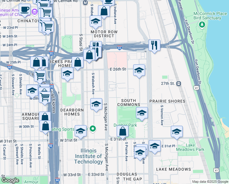 map of restaurants, bars, coffee shops, grocery stores, and more near 2721 South Michigan Avenue in Chicago