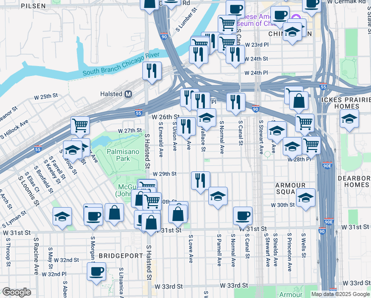 map of restaurants, bars, coffee shops, grocery stores, and more near 2713 South Union Avenue in Chicago