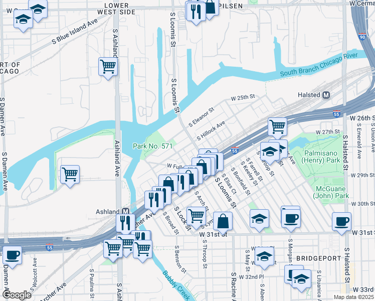 map of restaurants, bars, coffee shops, grocery stores, and more near 2804 South Hillock Avenue in Chicago