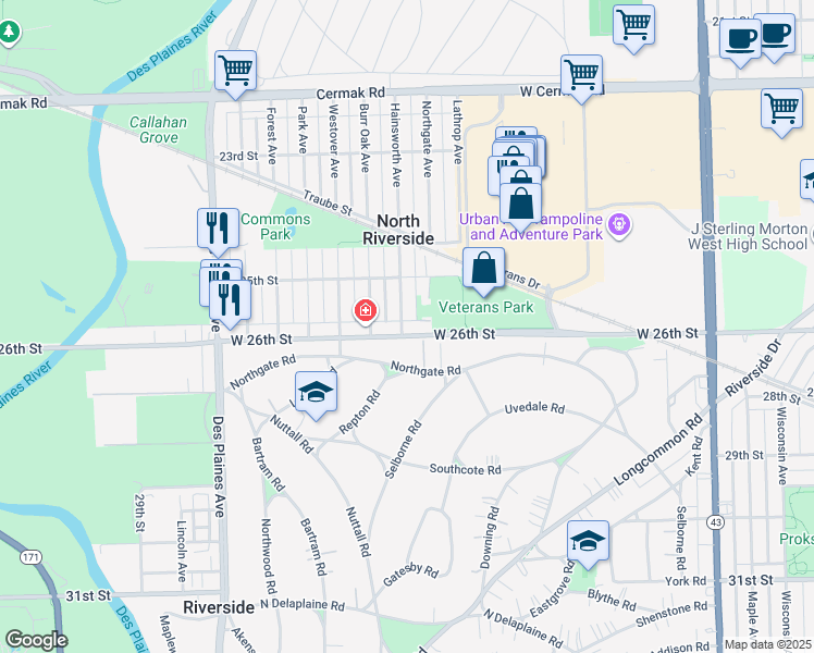 map of restaurants, bars, coffee shops, grocery stores, and more near 2514 Hainsworth Avenue in North Riverside
