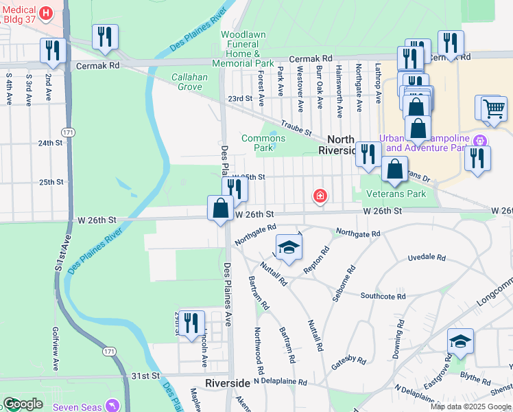 map of restaurants, bars, coffee shops, grocery stores, and more near 2512 Forest Avenue in North Riverside