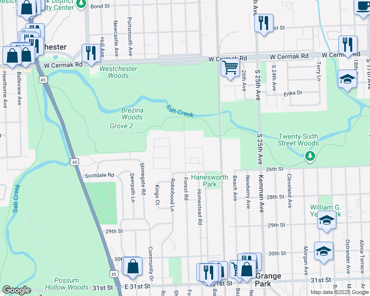 map of restaurants, bars, coffee shops, grocery stores, and more near 1645 Forest Road in La Grange Park