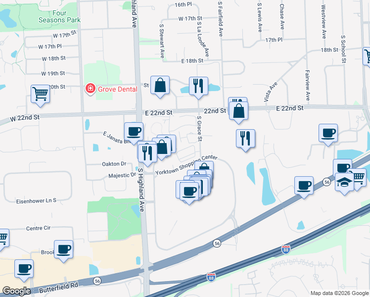 map of restaurants, bars, coffee shops, grocery stores, and more near 2250 South Grace Street in Lombard