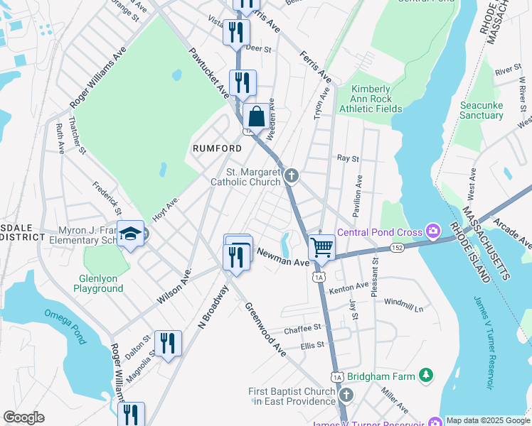map of restaurants, bars, coffee shops, grocery stores, and more near in East Providence