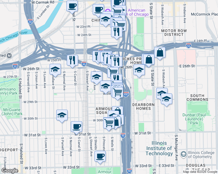 map of restaurants, bars, coffee shops, grocery stores, and more near 2700 South Wells Street in Chicago
