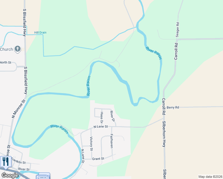 map of restaurants, bars, coffee shops, grocery stores, and more near in Blissfield