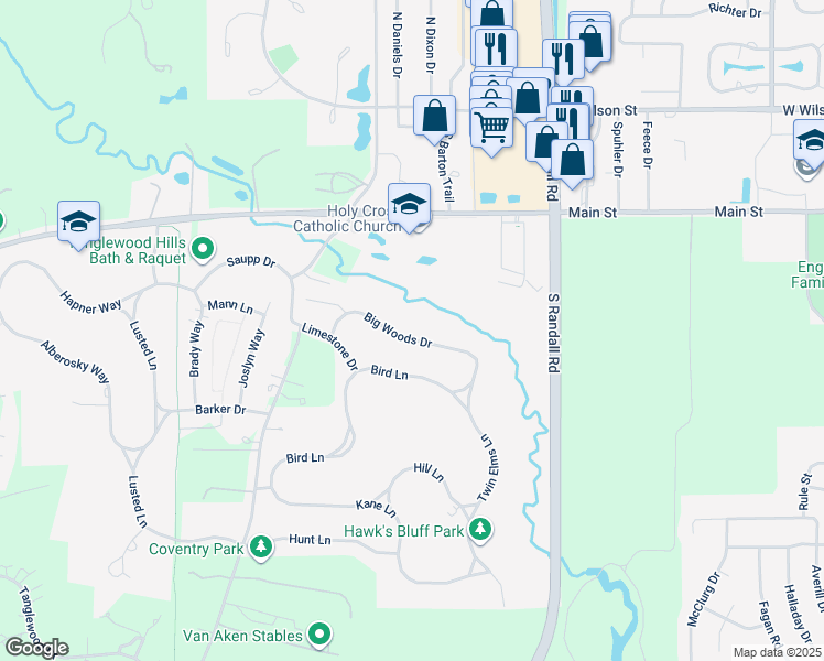 map of restaurants, bars, coffee shops, grocery stores, and more near 2321 Big Woods Drive in Batavia
