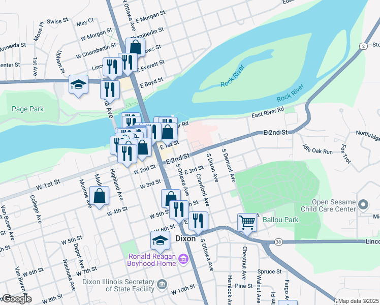 map of restaurants, bars, coffee shops, grocery stores, and more near 291 Illinois 2 in Dixon