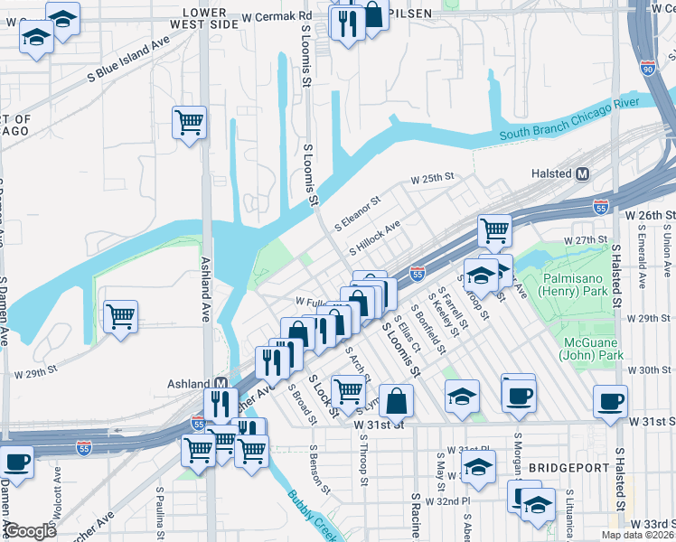map of restaurants, bars, coffee shops, grocery stores, and more near 2811 South Hillock Avenue in Chicago