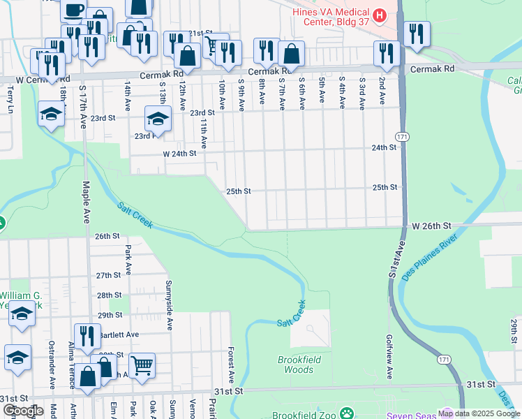 map of restaurants, bars, coffee shops, grocery stores, and more near 2508 South 8th Avenue in North Riverside