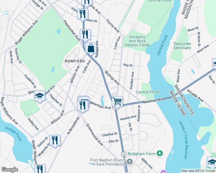 map of restaurants, bars, coffee shops, grocery stores, and more near 42 Bishop Avenue in East Providence