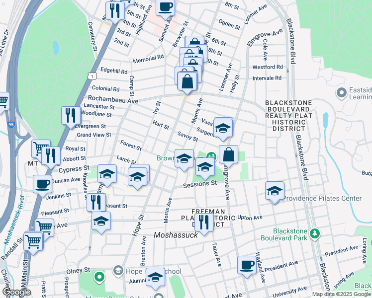 map of restaurants, bars, coffee shops, grocery stores, and more near 49 Savoy Street in Providence