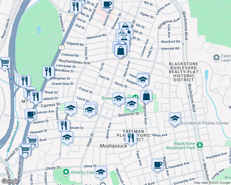 map of restaurants, bars, coffee shops, grocery stores, and more near 10 Fisher Street in Providence