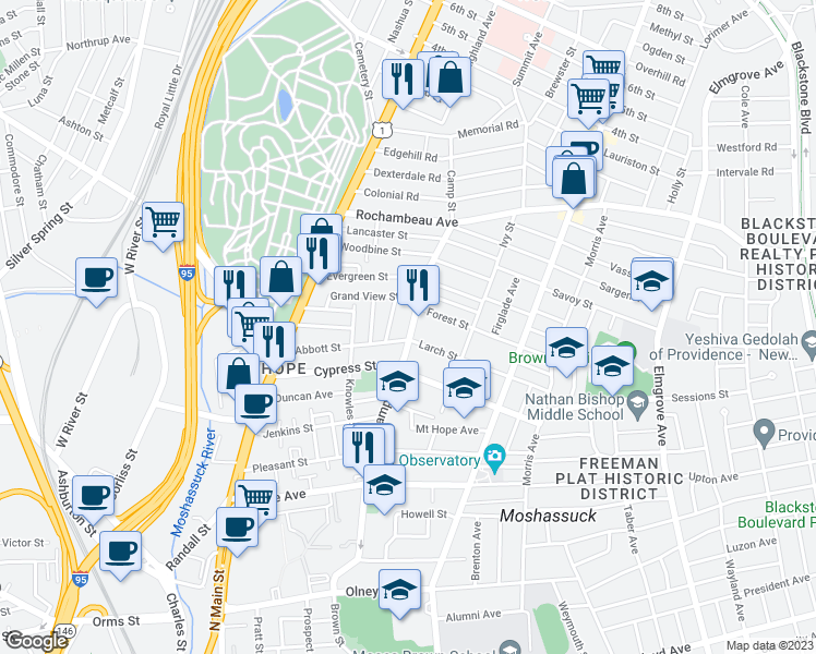 map of restaurants, bars, coffee shops, grocery stores, and more near 27 Peach Avenue in Providence