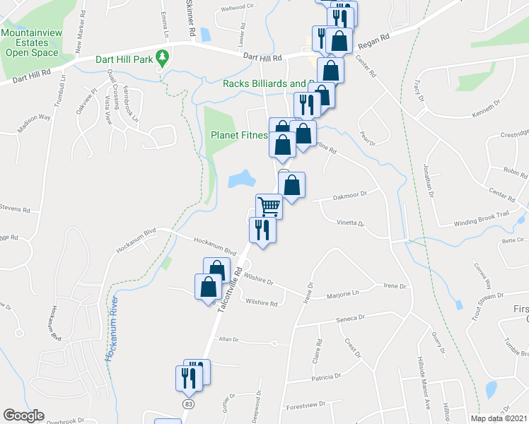 map of restaurants, bars, coffee shops, grocery stores, and more near Talcottville Road in Vernon