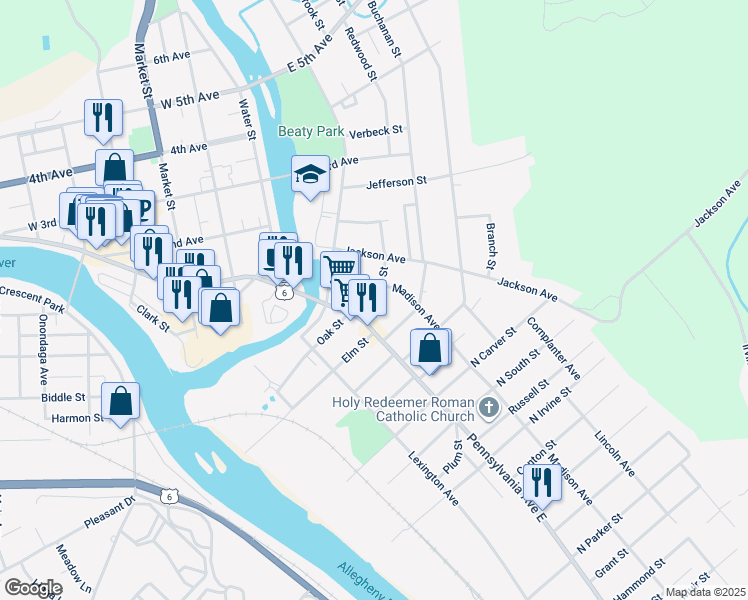 map of restaurants, bars, coffee shops, grocery stores, and more near 21-21 1/2 Franklin Street in Warren