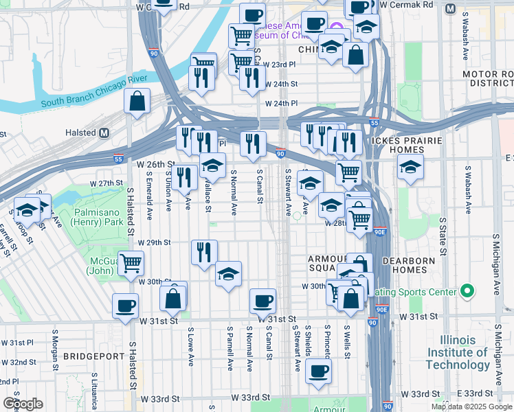 map of restaurants, bars, coffee shops, grocery stores, and more near 460 West 28th Street in Chicago