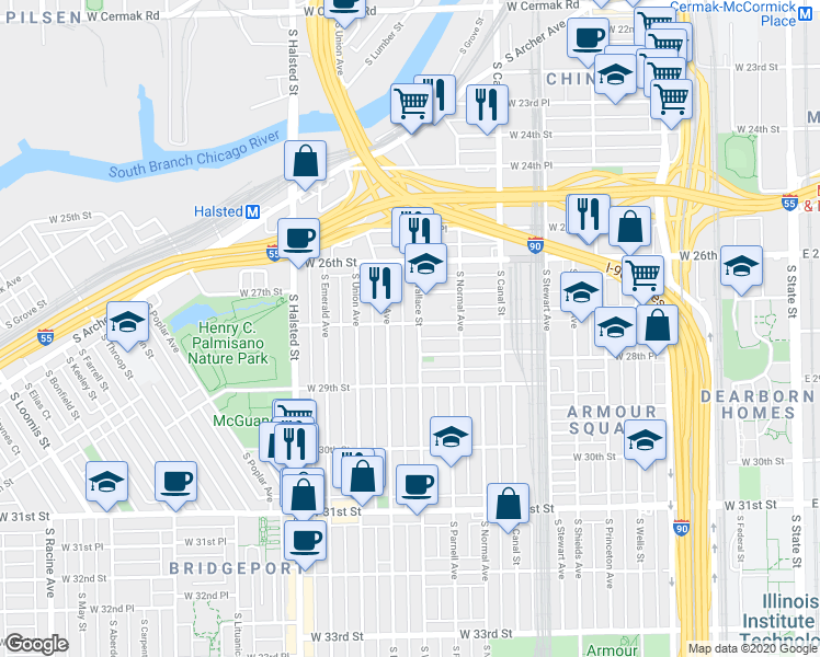 map of restaurants, bars, coffee shops, grocery stores, and more near 2710 South Wallace Street in Chicago
