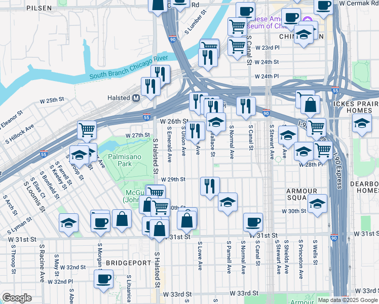 map of restaurants, bars, coffee shops, grocery stores, and more near 2713 South Union Avenue in Chicago