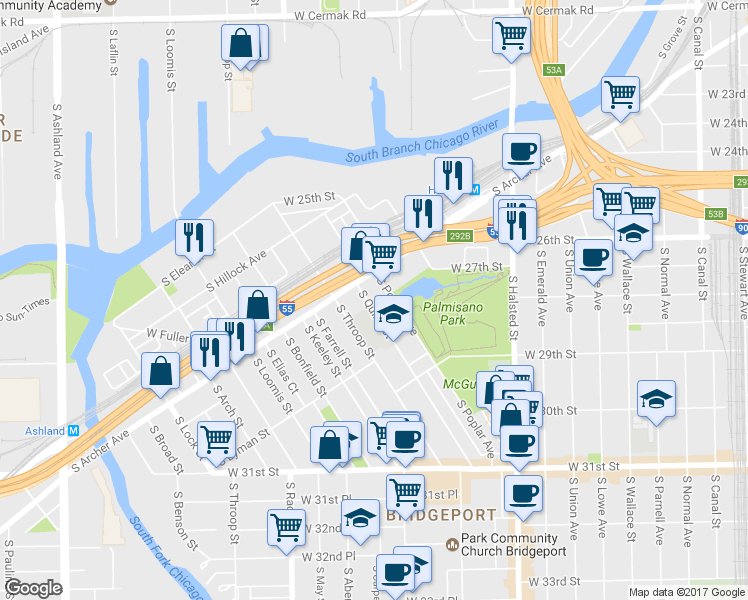 map of restaurants, bars, coffee shops, grocery stores, and more near 2721 South Archer Avenue in Chicago