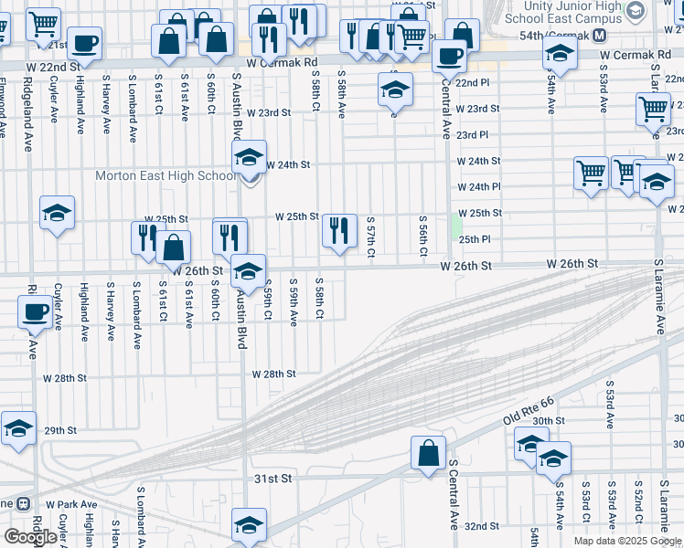map of restaurants, bars, coffee shops, grocery stores, and more near 5818 West 26th Street in Cicero