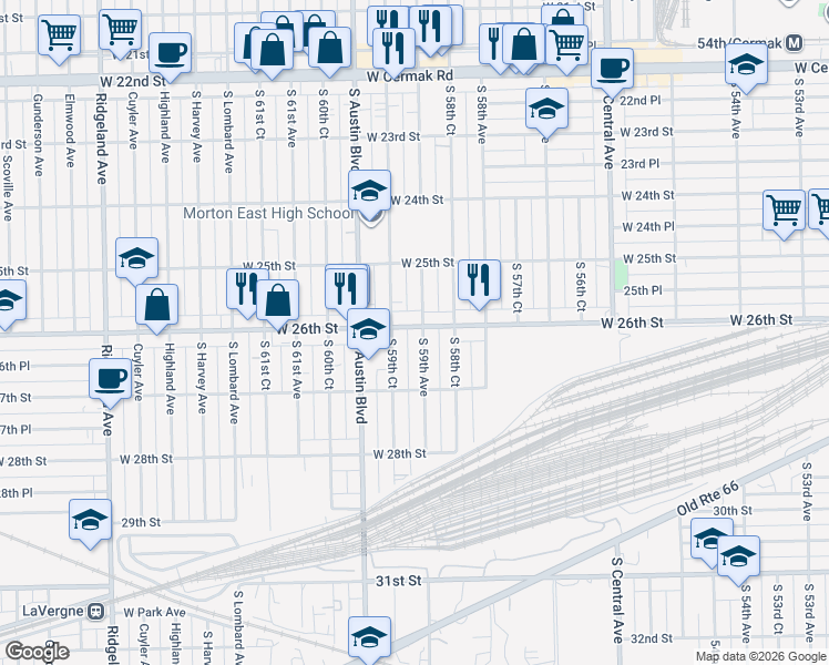 map of restaurants, bars, coffee shops, grocery stores, and more near 2531 South 59th Avenue in Cicero