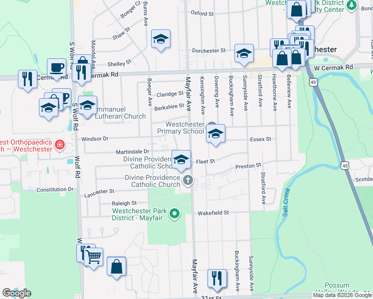 map of restaurants, bars, coffee shops, grocery stores, and more near 2409 Mayfair Avenue in Westchester