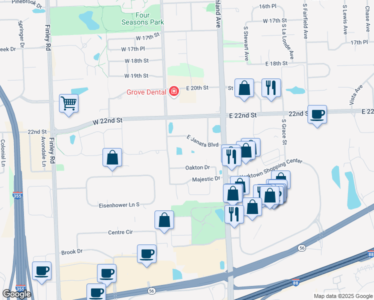 map of restaurants, bars, coffee shops, grocery stores, and more near 131 South Main Street in Lombard