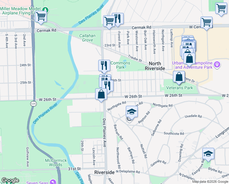 map of restaurants, bars, coffee shops, grocery stores, and more near 2512 Keystone Avenue in North Riverside
