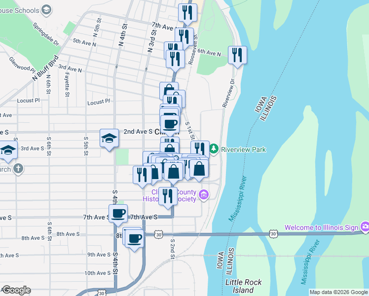 map of restaurants, bars, coffee shops, grocery stores, and more near 101-199 2nd Ave S in Clinton