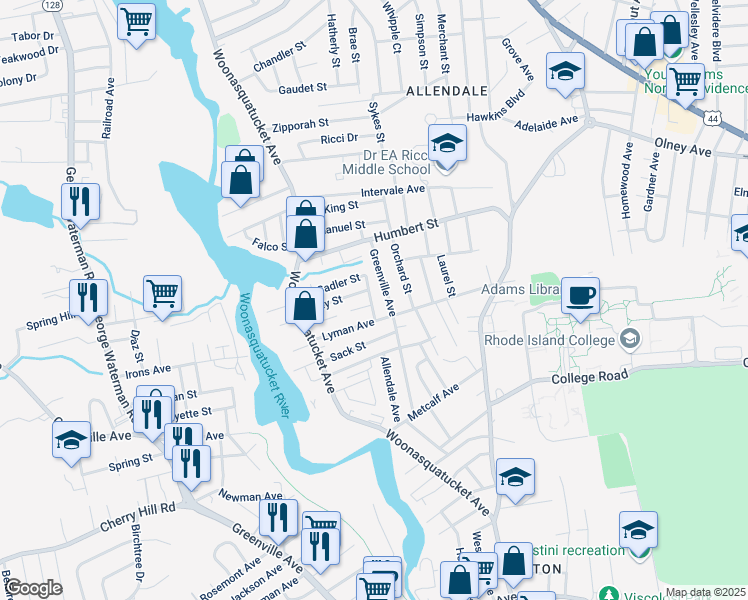 map of restaurants, bars, coffee shops, grocery stores, and more near 9 Glen Street in North Providence