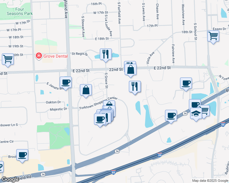 map of restaurants, bars, coffee shops, grocery stores, and more near South Grace Street in Lombard